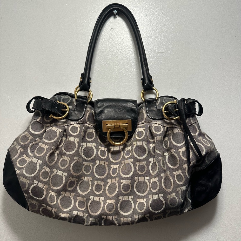 Salvatore Ferragamo Black and Gray Logo Shoulder Bag